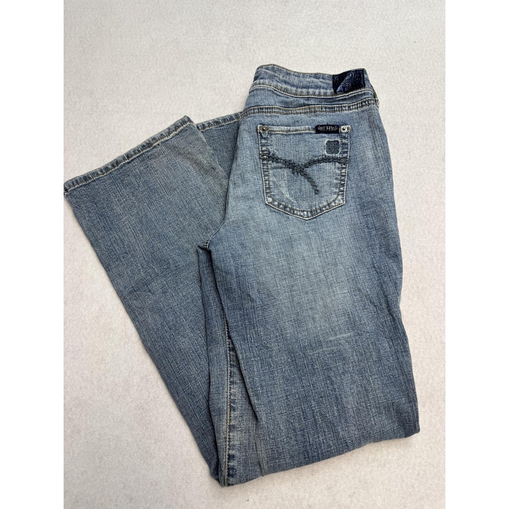 Hint Jeans Womens11 Blue Mid‎ Rise Bootcut Distressed Embroidered Stretch Denim